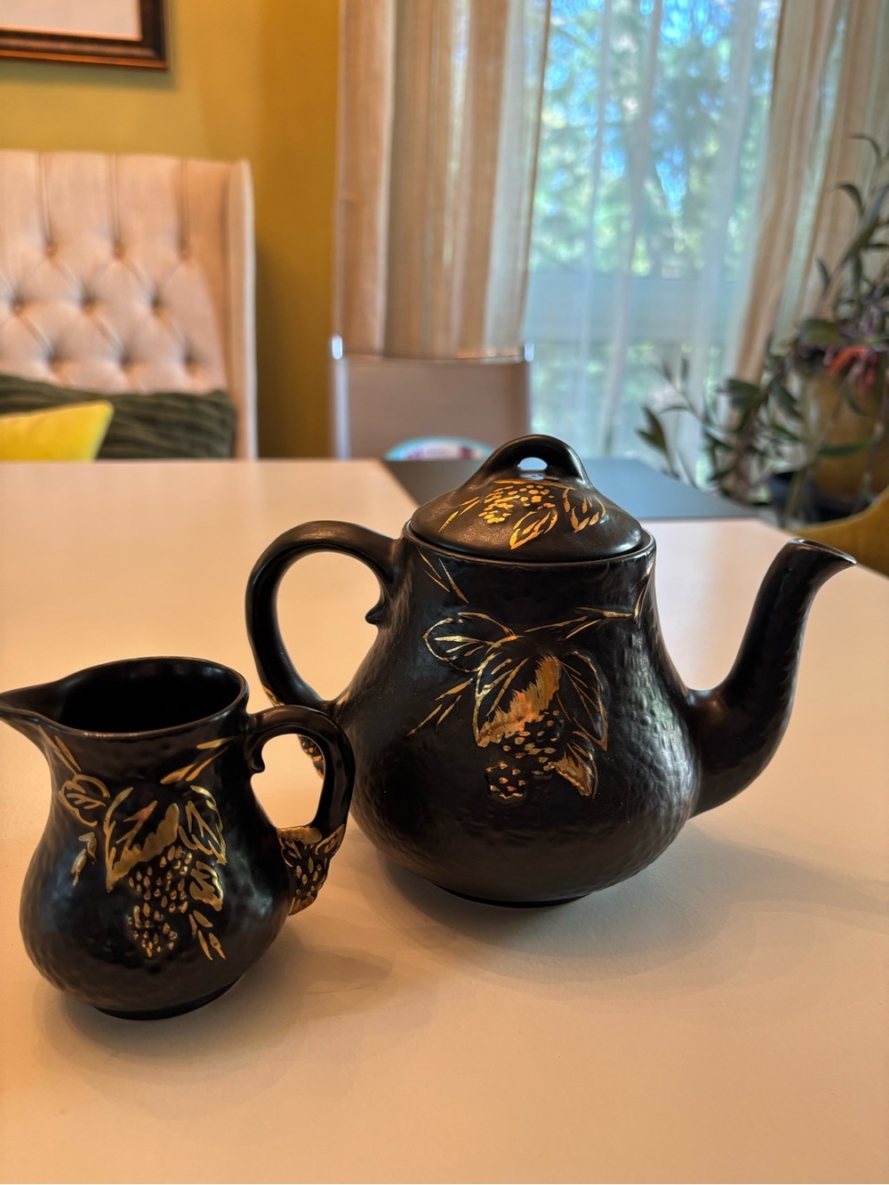Wade ‘Black Velvet’ Black and Gold Floral  vintage Teapot and Creamer